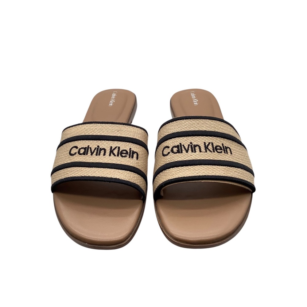 Calvin‎ Klein Kendell Women Slide Sandals Light Natural Black Striped Flat 9.5 M